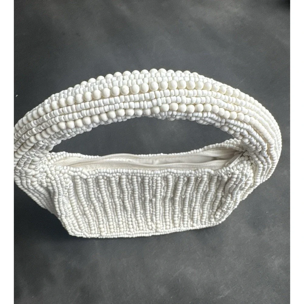 Antik Kraft White Beaded Handbag Mini Hobo Bag Bridal Coquette Y2K Boho Chic
